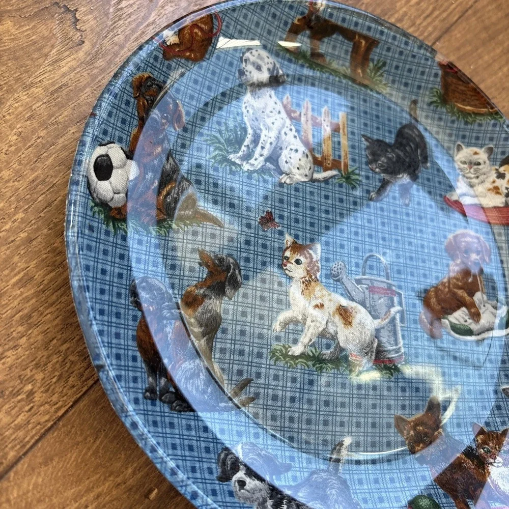 Vintage Decorative Plate Cranston Village VIP Fabric On Glass Puppies‎ Kittens